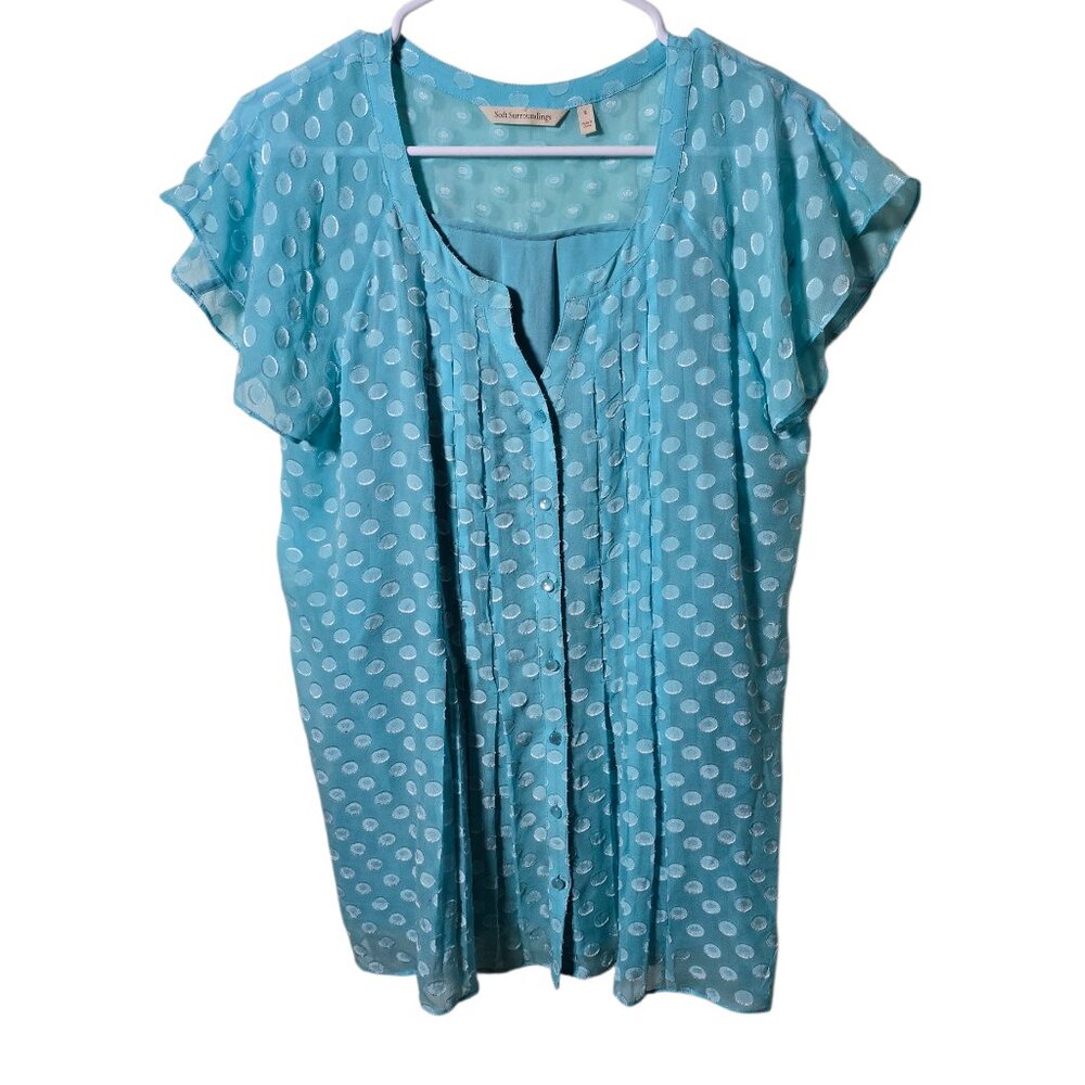 Soft Surroundings Aqua Blue Polka Dot Blouse Small Flutter Sleeve Boho Sheer Top